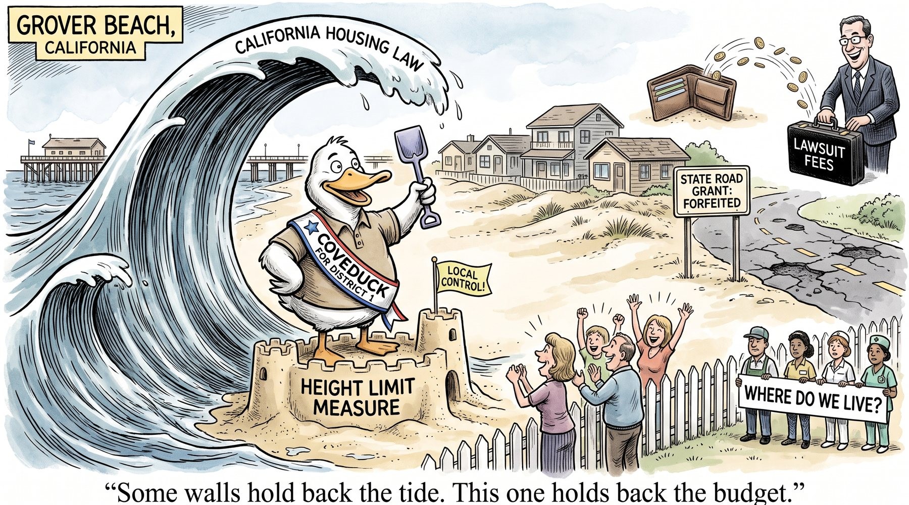 Editorial cartoon: a duck in a 'Coveduck for District 1' sash stands on a sandcastle labeled 'Height Limit Measure' while a giant wave labeled 'California Housing Law' curls over him. Homeowners cheer behind a picket fence. Nearby, a wallet spills coins into a lawyer's 'Lawsuit Fees' briefcase, a potholed road passes a sign reading 'State Road Grant: Forfeited,' and workers outside the fence hold a sign asking 'Where do we live?'